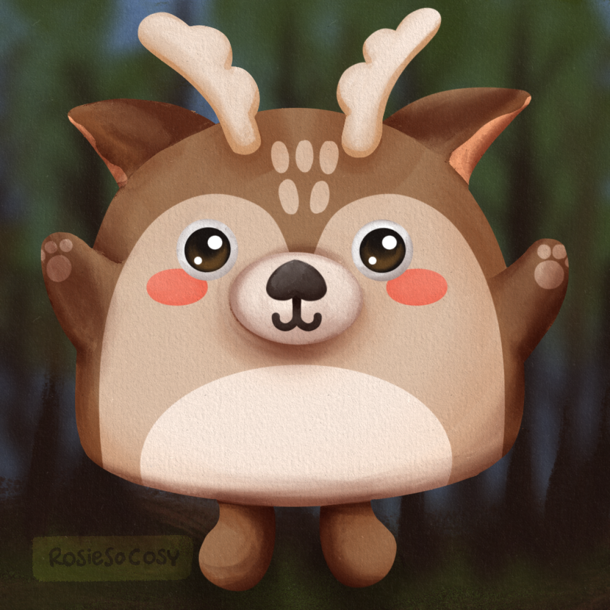 Illustration of a Squishmallow like cute deer, with the forest in the background.