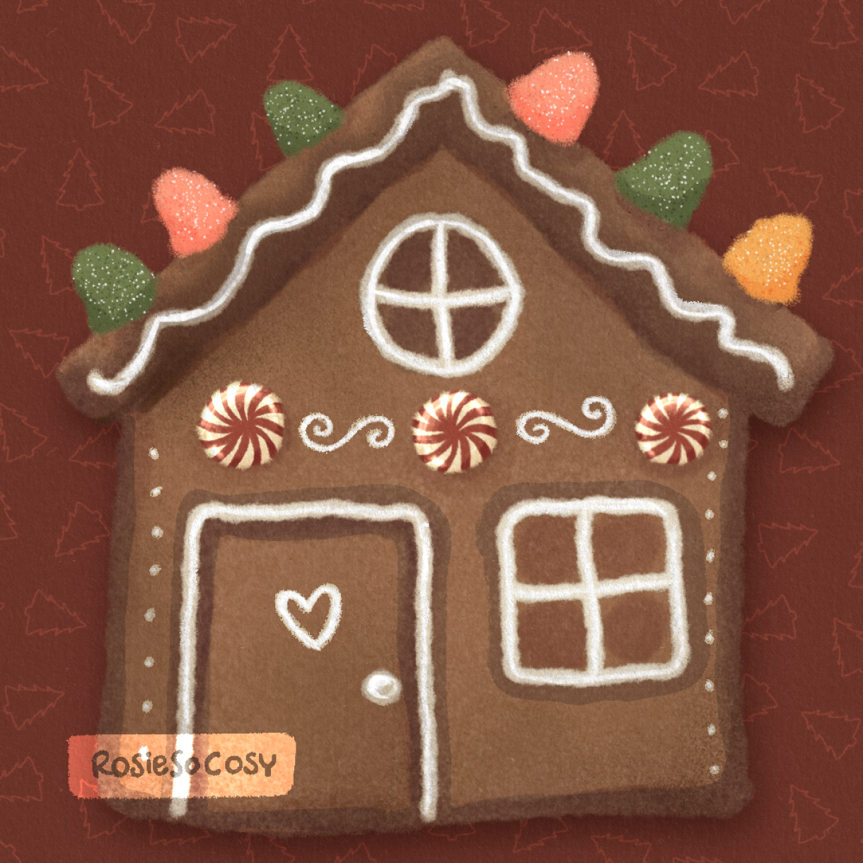 Illustration of a cute gingerbread house, with icing and candy.