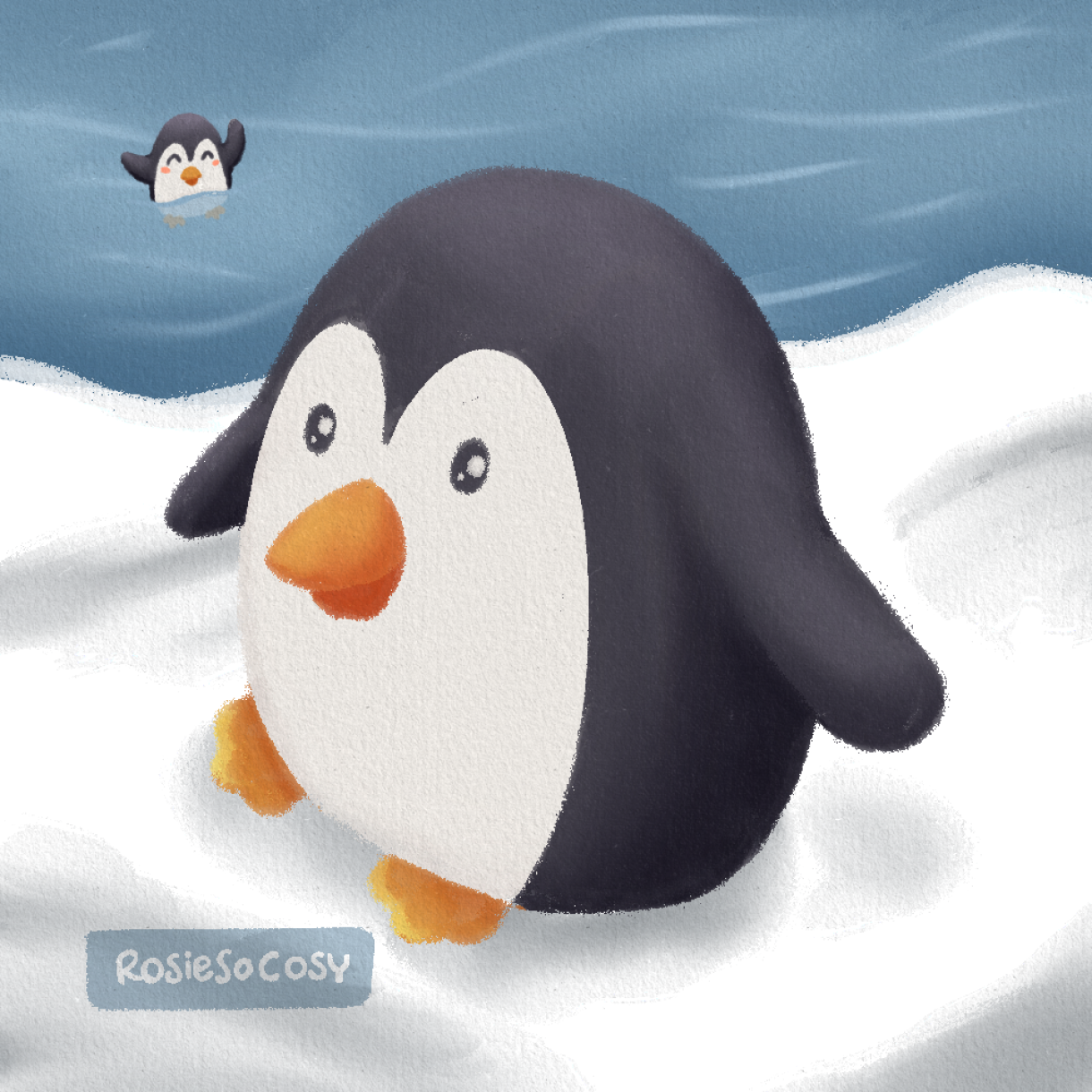 Illustration of a chonky black and white penguin. He is waddling around on snow. In the distance is a penguin friend, smiling and waving in the water.