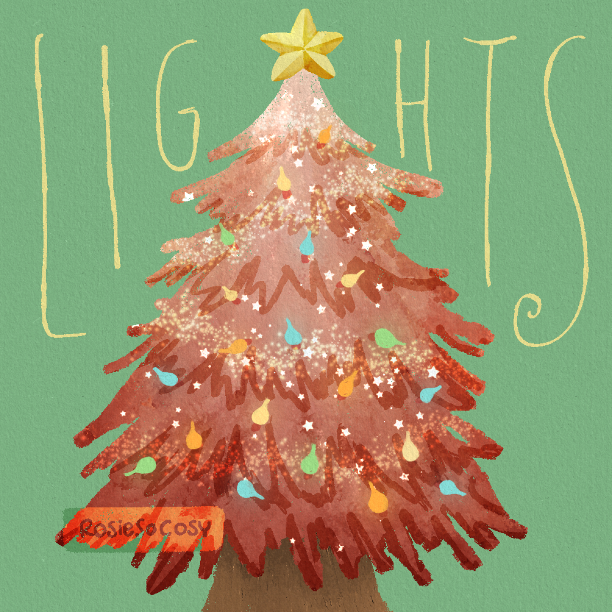 Illustration of a pink Christmas tree with colourful pastel lights all over, and a gold star topper. The background is green and has the letters L, I, G on the left, and the letters H, T, S on the right, spelling the word LIGHTS.