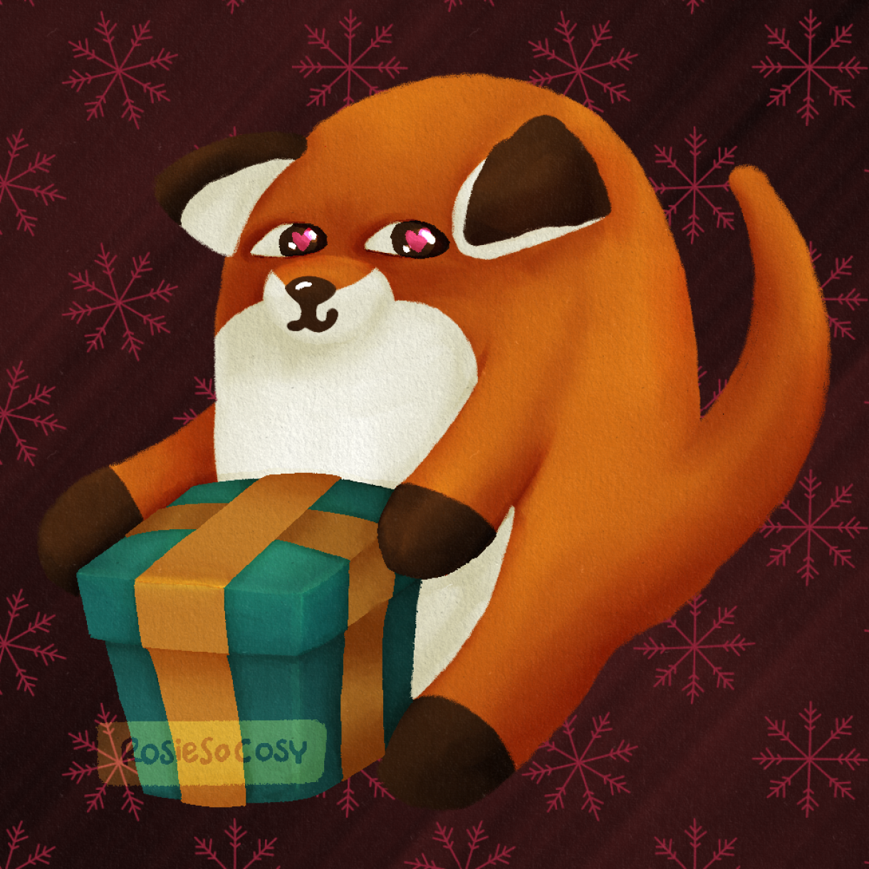 Illustration of a chonky orange fox, holding a teal and ochre present in its paws. The fox has pink hearts in its eyes, indicating a love for the gift it's holding.