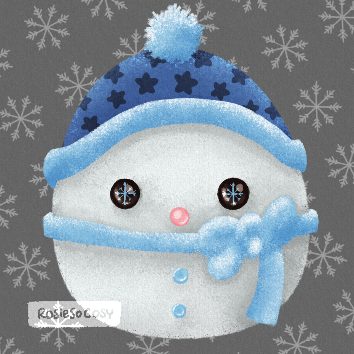 Illustration of a round ball shaped snowman, wearing a blue beanie and matching scarf. It has matching blue buttons, and a pink shiny nose. Its eyes are glossy and have a blue snowflake in the middle.