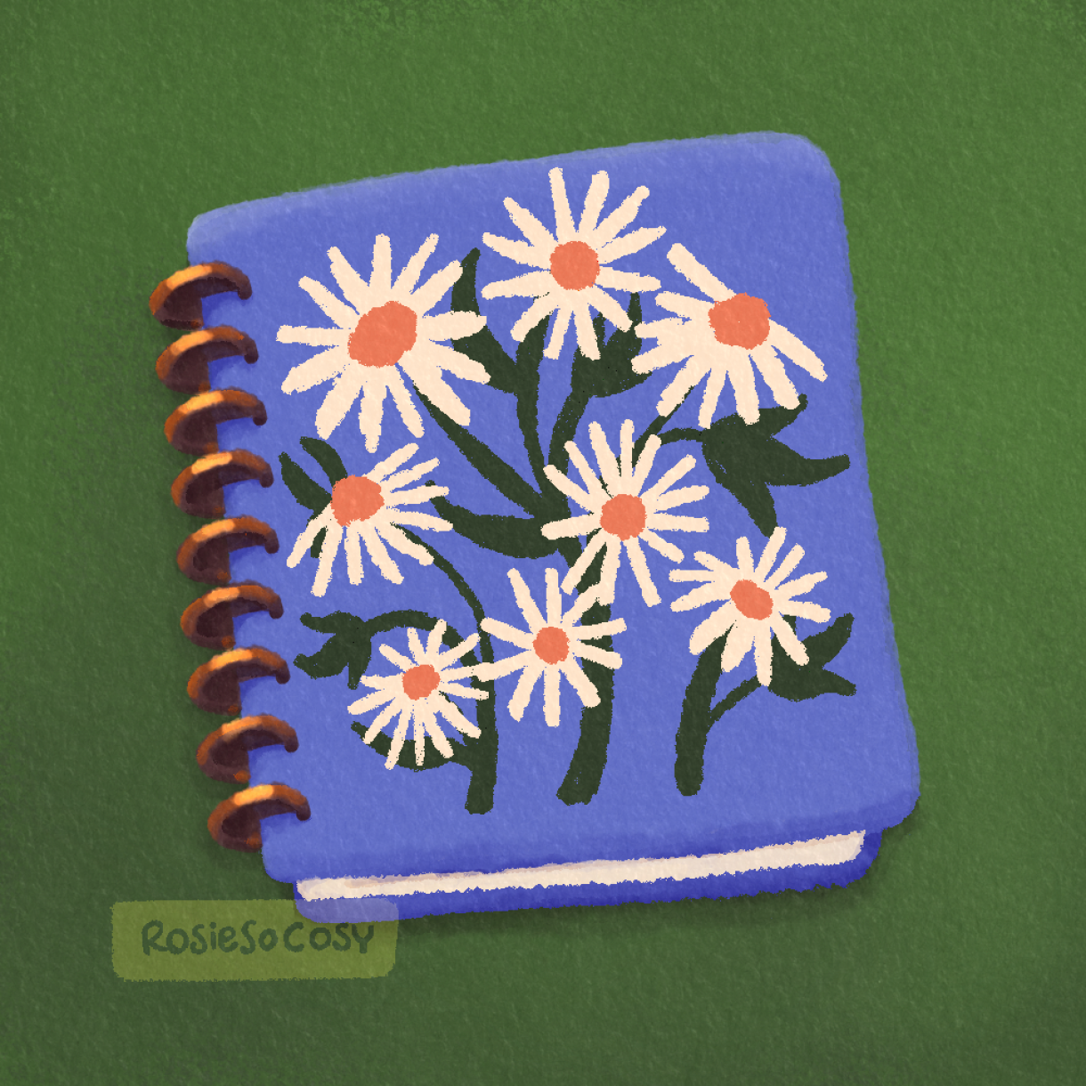 An illustration of a periwinkle planner with daisies on the front cover. It's supposed to be a classic size The Happy Planner.