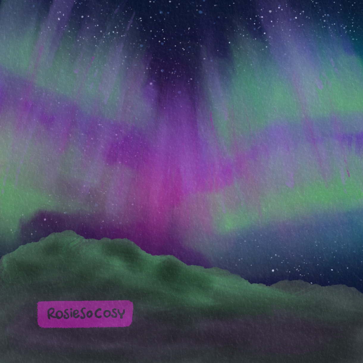 Illustration of the Northern Lights aka Aurora Borealis. There is a pinkish and purplish hue in the middle, and strands of green in between. Stars are visible in the sky above.