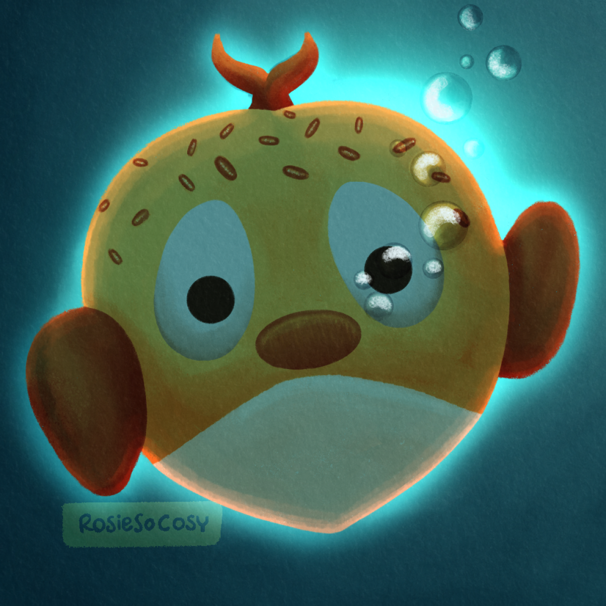 Illustration of a yellow and orange fish underwater. Air bubbles are floating up. In the background there is a light source, though it is unknown what's emitting the light.