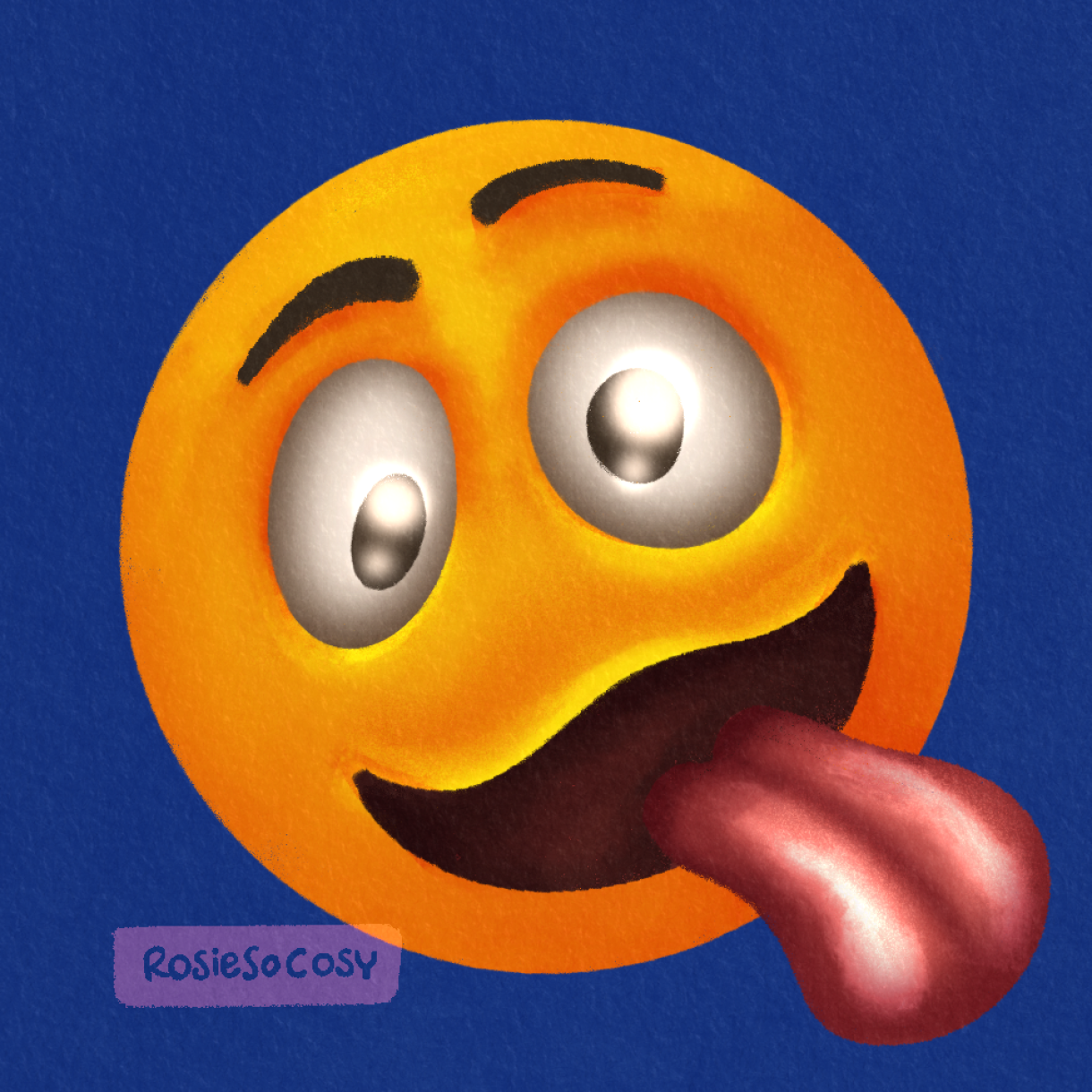 Illustration of a yellow round emoticon, with wonky eyes, mouth open, tongue out. The emote looks a bit unhinged.