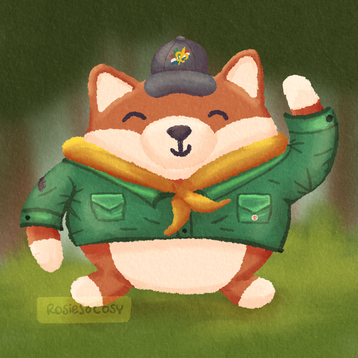 Illustration of a chonky, orange fox in a green scout outfit, with yellow tie/scarf. The fox is also wearing a grey baseball cap, with the Dutch scouting logo on it. In the background is a blurry forest scene.