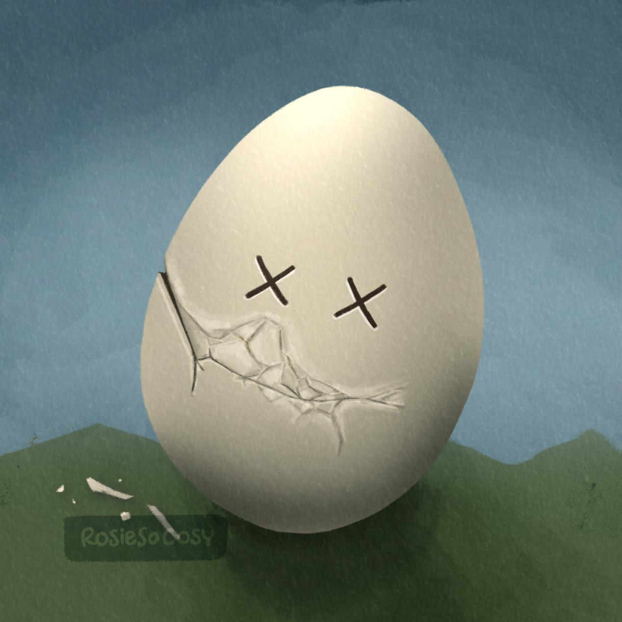 Illustration of a cream coloured egg, with cracks through the middle, and a dead facial expression.
