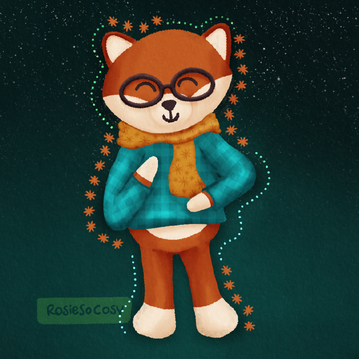 Illustration of a fox villager for Animal Crossing. The fox is orange and white, is wearing a pair of glasses, a turquoise plaid jumper, and an ochre yellow scarf with a starry pattern all over.