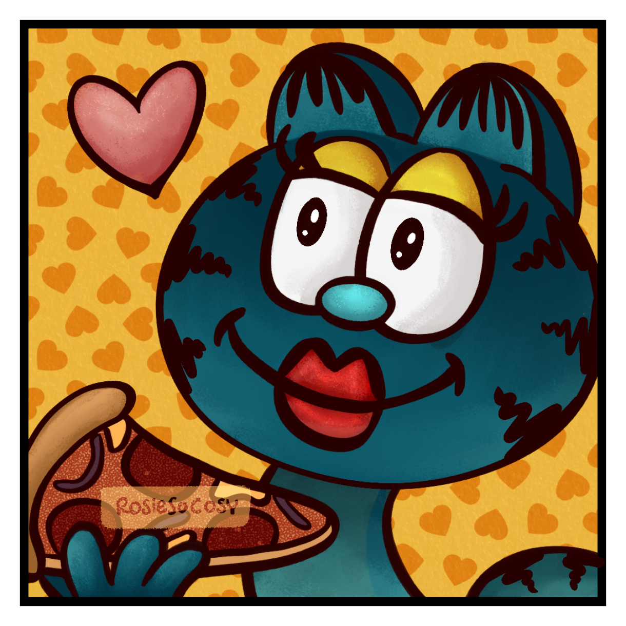 A female cat in Garfield cartoon style. The cat is teal, with black stripes, she has yellow eyelids and red lips. She is holding a slice of pepperoni pizza and is visibly in love with the pizza.