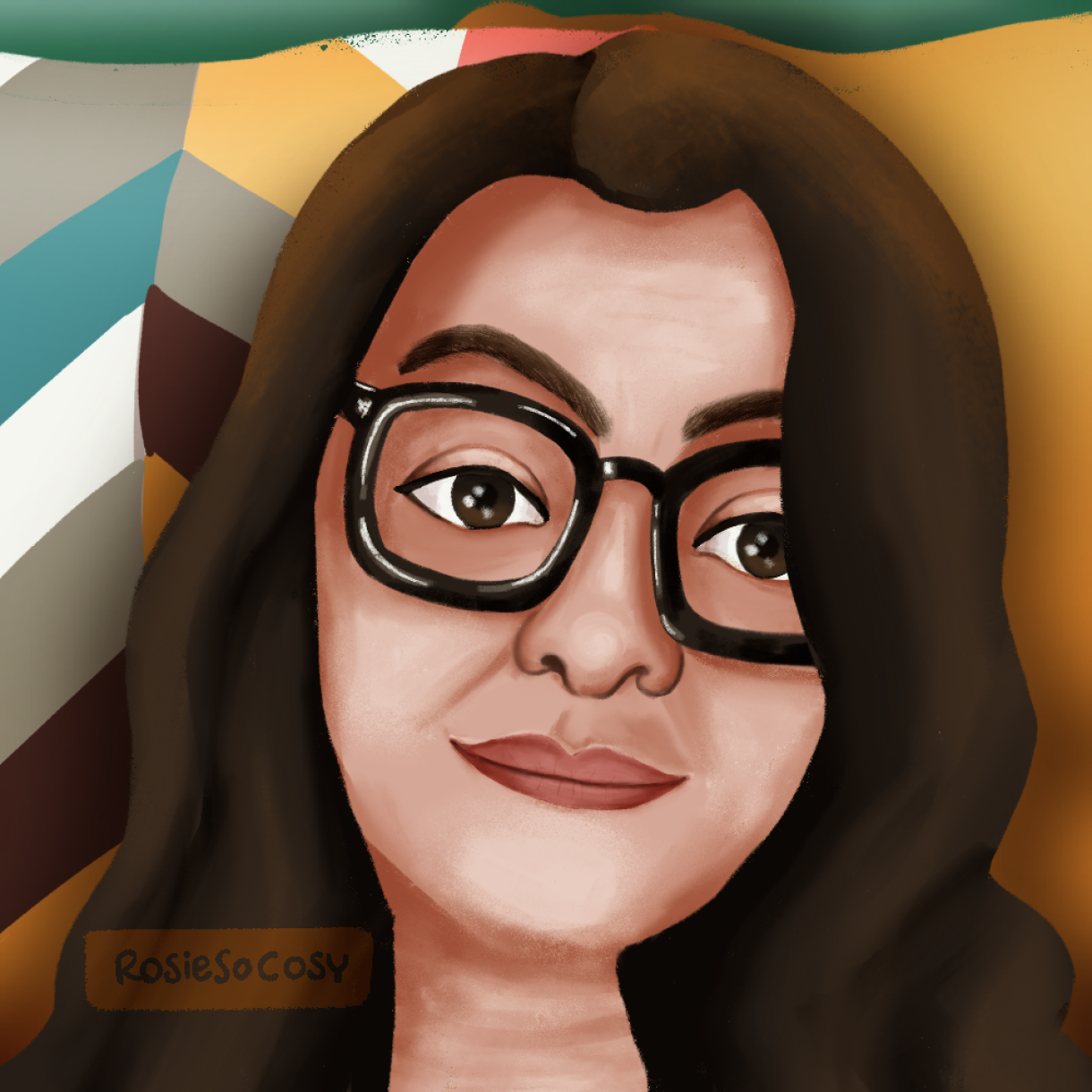 An attempt at a self portrait illustration of Rosie. Rosie has light to medium skin colour, dark brown hair, brown eyes, is wearing glasses with a thick black frame. Rosie is looking tired into the camera.