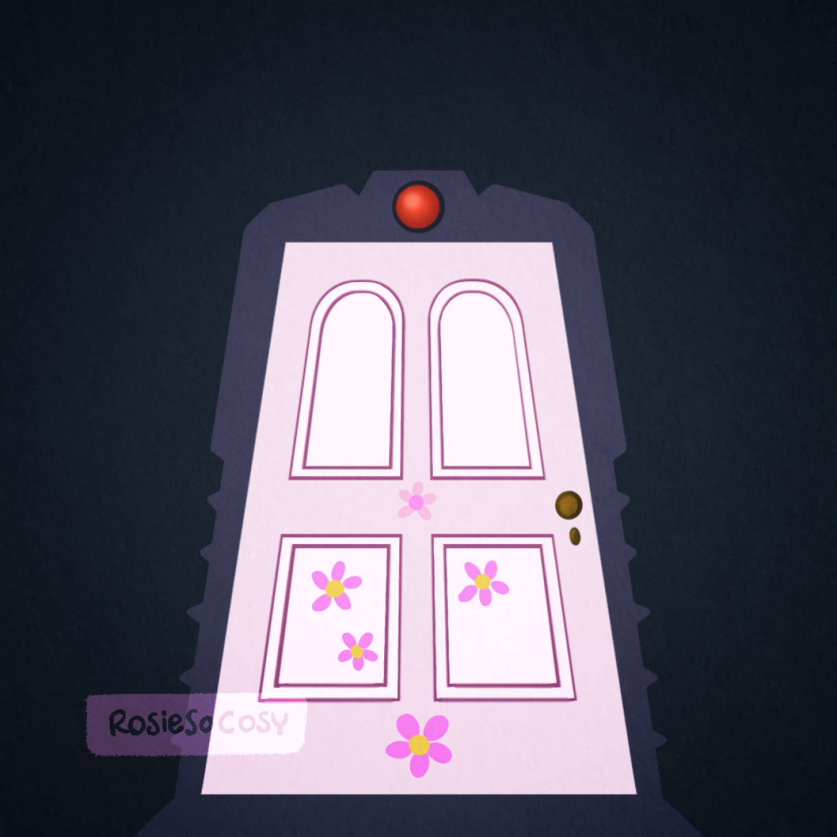 An illustration of the bedroom door of Boo, the little girl in the movie Monsters Inc. The door is a very light pink, with some pink flowers on the lower half of the door. The angle is from a low point, suggesting the person looking at it is tiny.