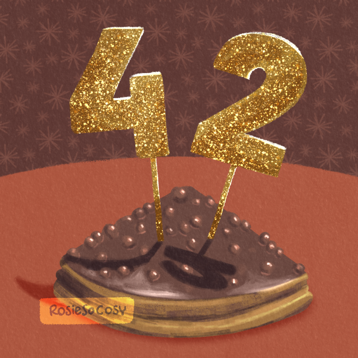 Illustration of a piece of chocolate Almondy Daim pie, with the number 4 and the number 2 on it. Both letters are huge, gold and glittery, and cast a shadow on the pie.