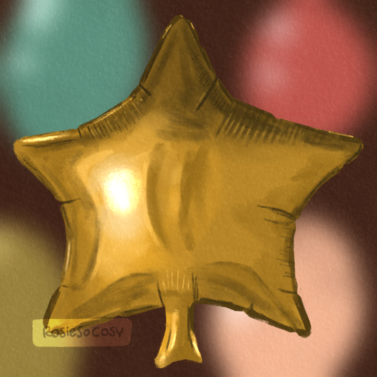 Illustration of a gold foil star balloon. It's really shiny. In the background there are other (blurred) balloons in blue, red, green and pink.