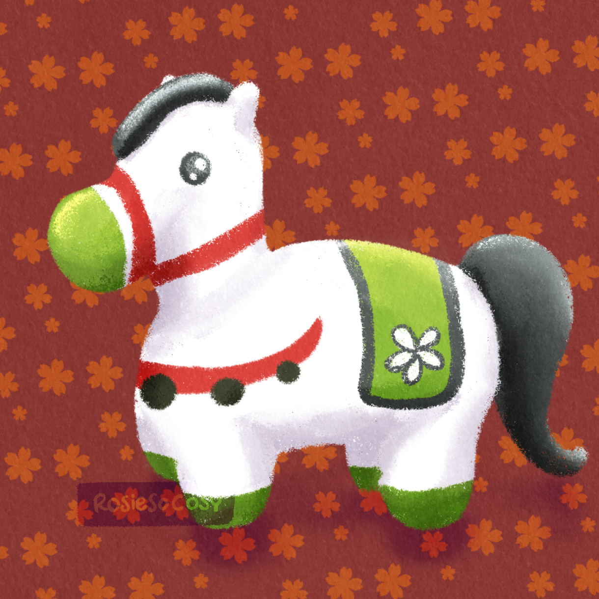 Illustration of a white, red and lime green horse figurine inspired by Animal Crossing: New Horizons.