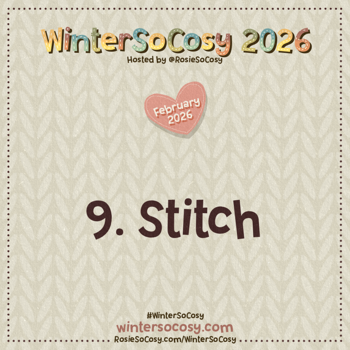 Announcement image for Day 9 of WinterSoCosy February 2026. The subject is Stitch.