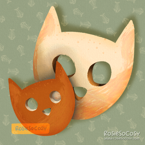 An illustration of 2 cats with hollow eyes and noses. The one on the right is cream coloured and big, and the one on the left is orange and a lot smaller.