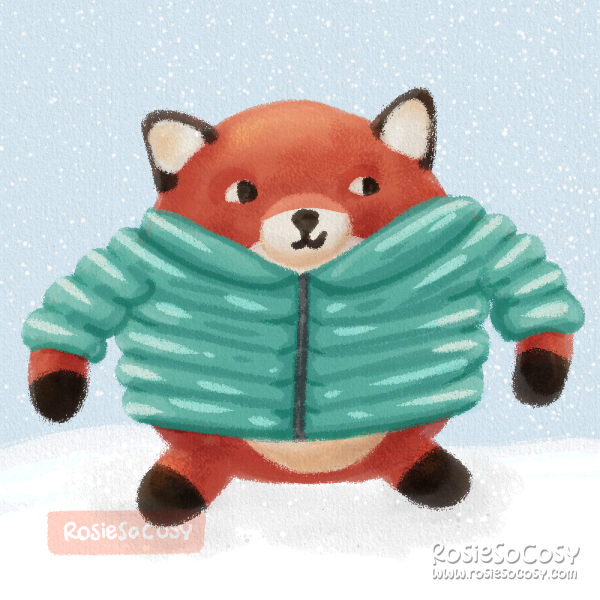 An illustration of super hero fox wearing a teal coloured winter coat.