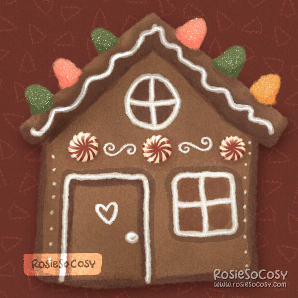 Illustration of a cute gingerbread house, with icing and candy.
