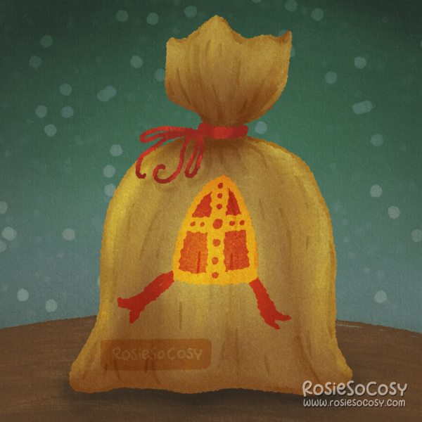 Illustration of a brown jute sack with a red and yellow Sinterklaas miter printed on it.