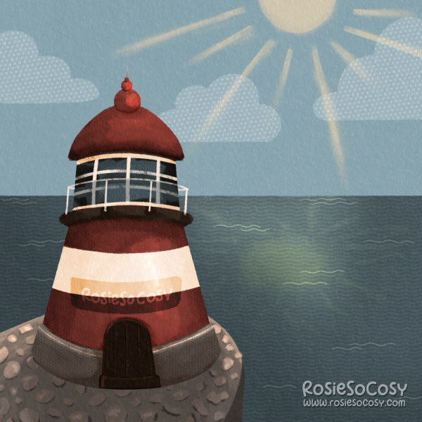Illustration of a red and white lighthouse, near the sea.