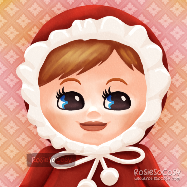 Illustration of Dolly, a light skinned doll wearing a red and white outfit. Dolly has ginger hair and blue eyes.