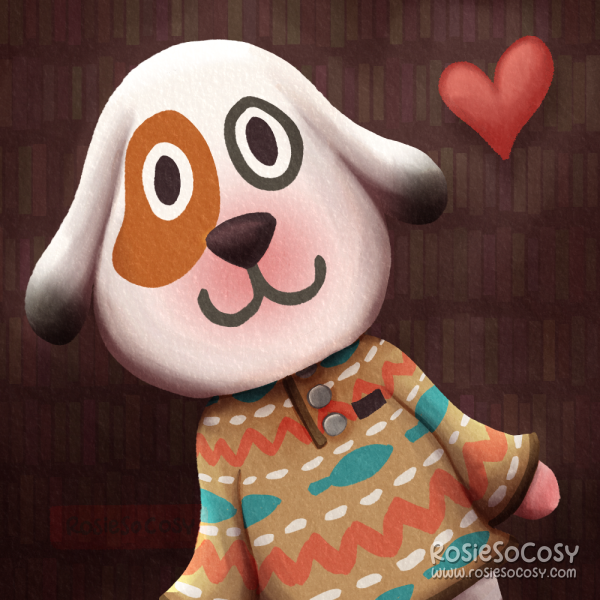 Illustration of Bones, a white dog villager in the Animal Crossing video game series. He has a brown patch on his eyes, a pimnk snout, his ears dark grey at the ends and he is wearing a brown printed fleece sweater.