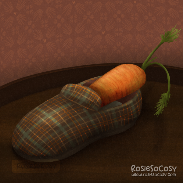An illustration of a shoe, or rather a slipper, with a plaid pattern all over. There is a carrot inside, for Sinterklaas's horse Ozosnel.