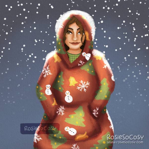 Illustration of a woman wearing an oversized fleece hoodie outside in the snow.