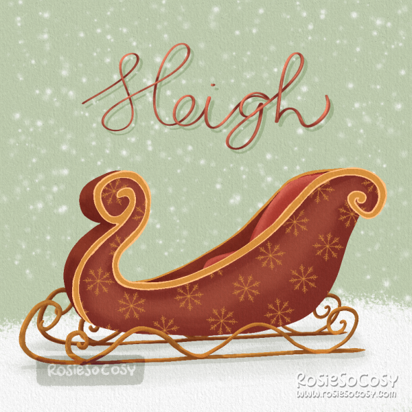 Illustration of a red and gold sleigh, like the one Santa uses. There is no one in or in front of the sleigh. Above the sleigh it says Sleigh in handwritten cursive style.