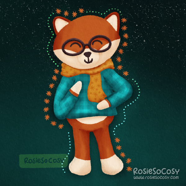 Illustration of a fox villager for Animal Crossing. The fox is orange and white, is wearing a pair of glasses, a turquoise plaid jumper, and an ochre yellow scarf with a starry pattern all over.