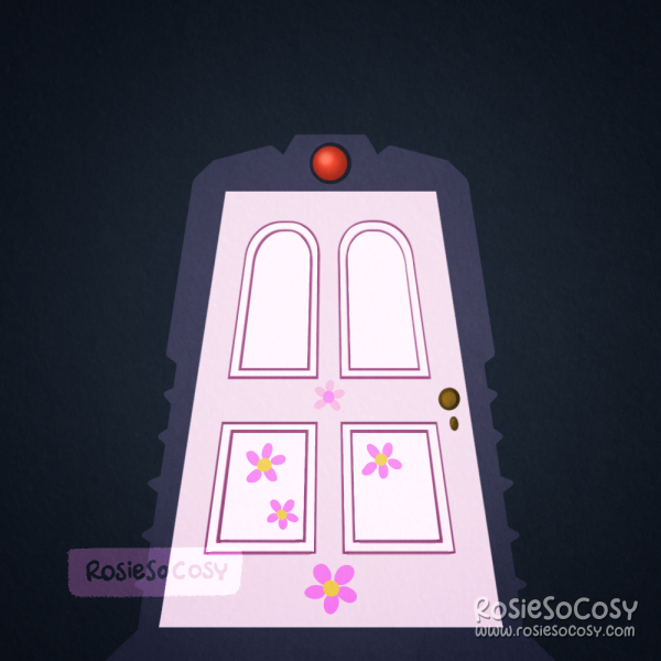 An illustration of the bedroom door of Boo, the little girl in the movie Monsters Inc. The door is a very light pink, with some pink flowers on the lower half of the door. The angle is from a low point, suggesting the person looking at it is tiny.