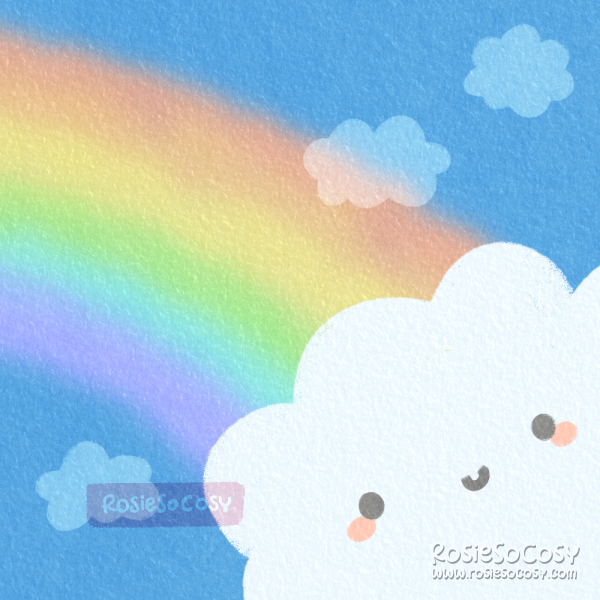 An illustration of a cloud with a cute face with two grey eyes, a small grey smile and two rosy cheeks. Behind the cloud is a blue sky, a huge rainbow, and several other smaller clouds without faces.