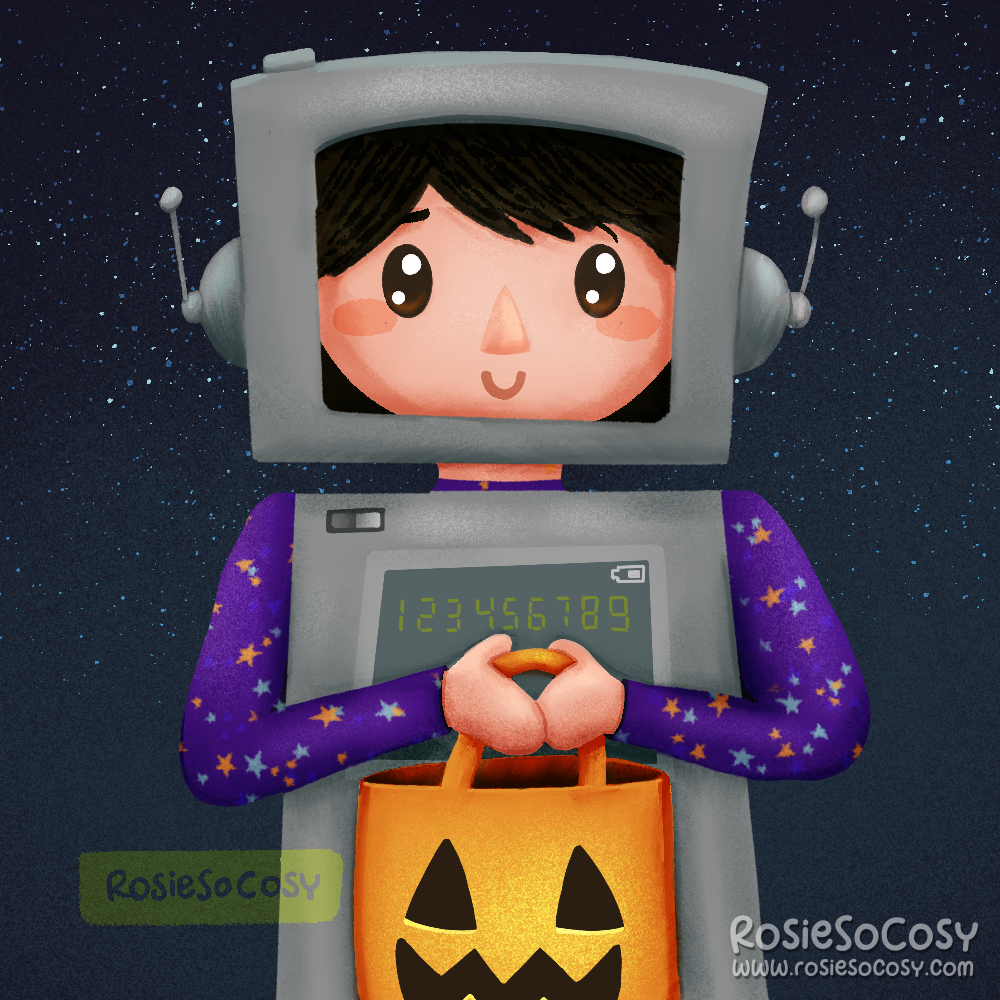 Illustration of a child in a robot costume, holding an orange Jack o Lantern candy bag.